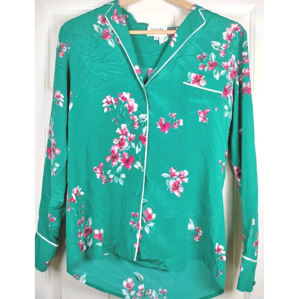 Sezane Elisa Shirt Womens 36 US 4 Small Green Floral Silk Top Blouse Button